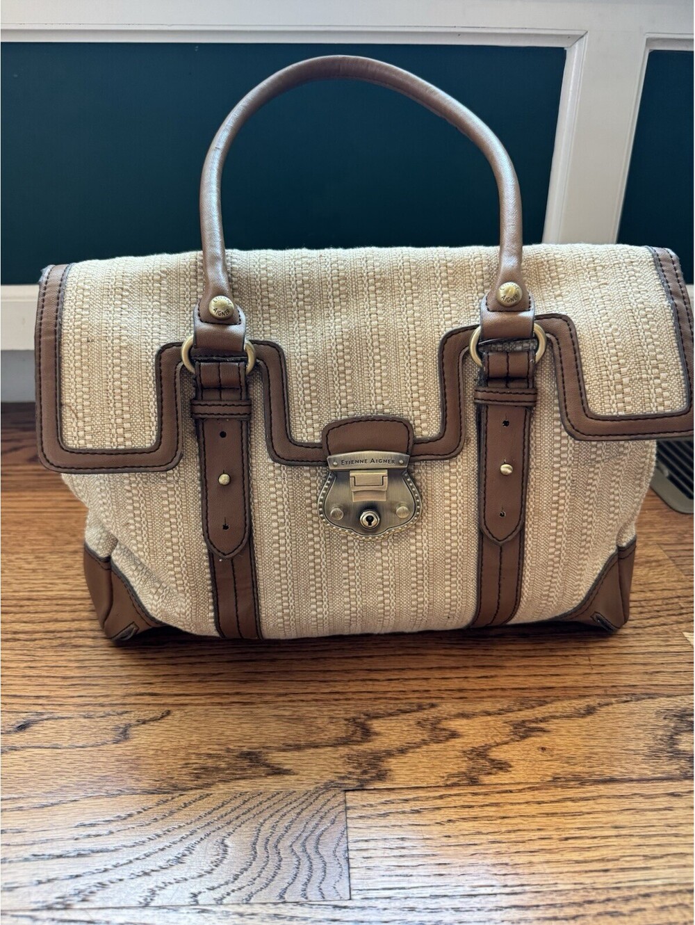 Etienne Aigner Beige/Brown Satchel Double Handles Buckle Lock Key Gold